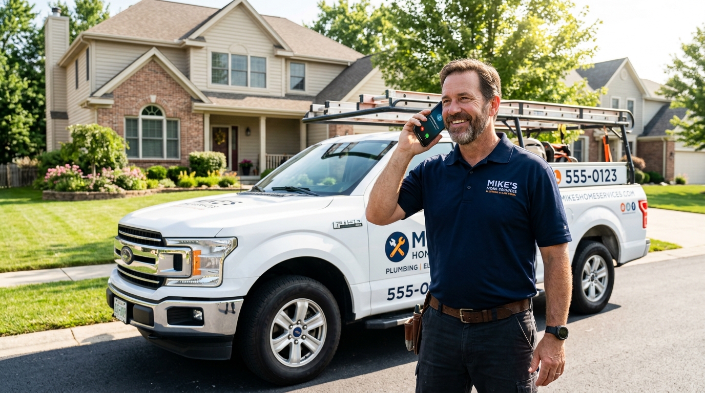 Local contractor receiving steady customer calls by his work truck